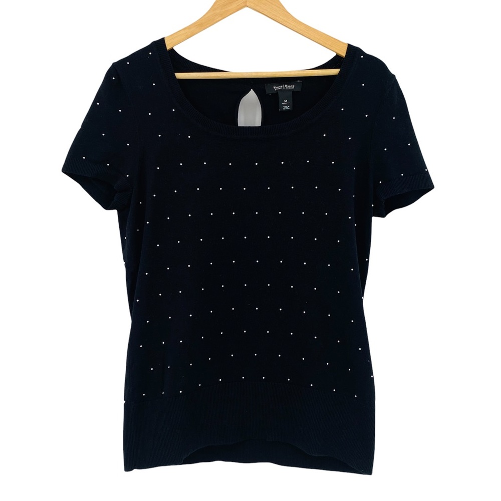 White House Black Market black short sleeve sweater, stretched out chest area